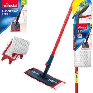 Vileda 1-2 Spray Mop, Microfibre Flat Floor Spray Mop with Extra Head Replacement, Set of 1x Mop and 1x Refill