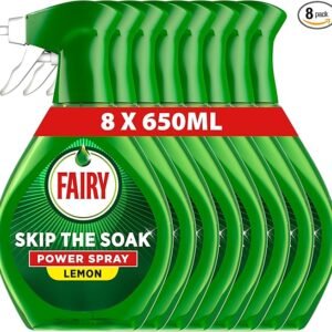Fairy Skip the Soak Dish Power Spray, Lemon, 8x650ml, Grease Remover & Degreaser for Fast, Effortless Cleaning
